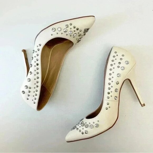 Aldo Cream Leather Pumps Pointed Toe High Heel Rhinestone Studded Stiletto 7.5 - Picture 14 of 16
